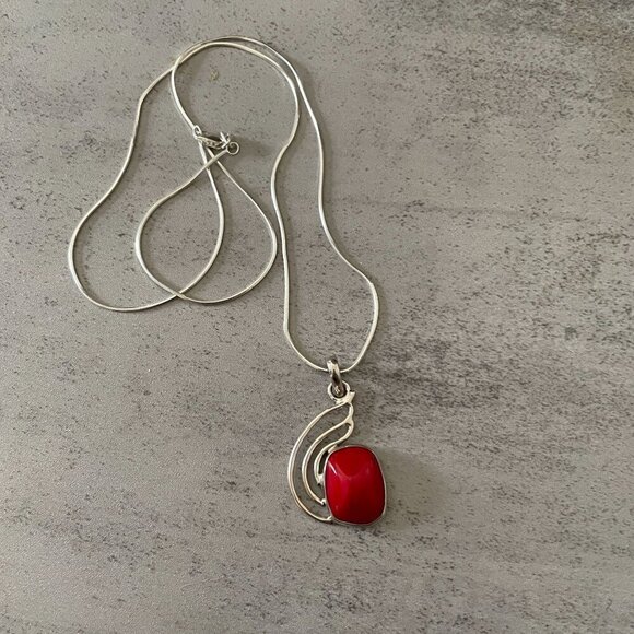 Artisan Crafted Red Coral Abstract Sterling Silver Pendant Necklace with Chain - Picture 3 of 9